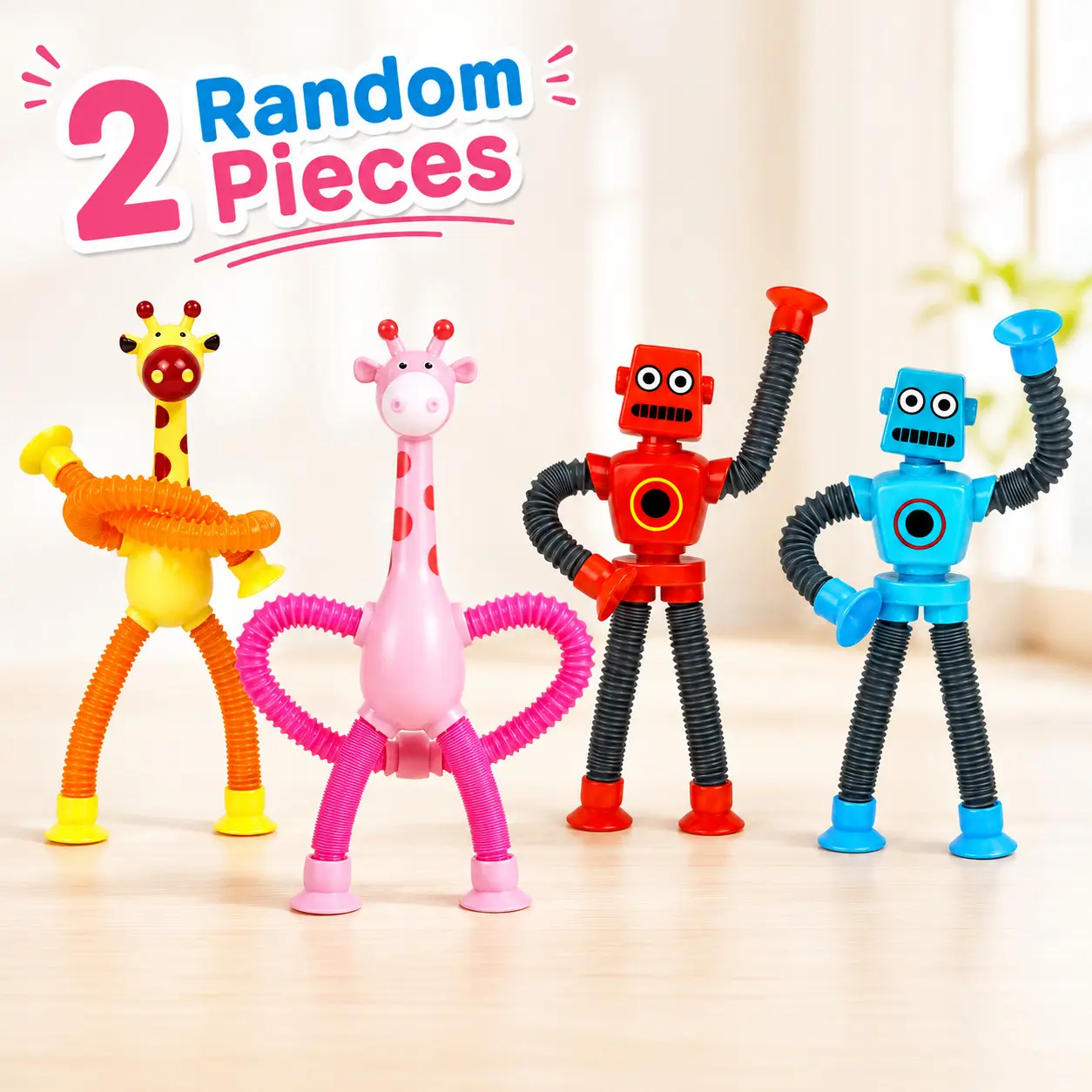 2 Pack Suction Cup Pop Tube Fidget Toys, Random Robot and Giraffe Styles, Assorted Colors, Sensory Travel Toys for Road Trips, Car Rides and Airplanes
