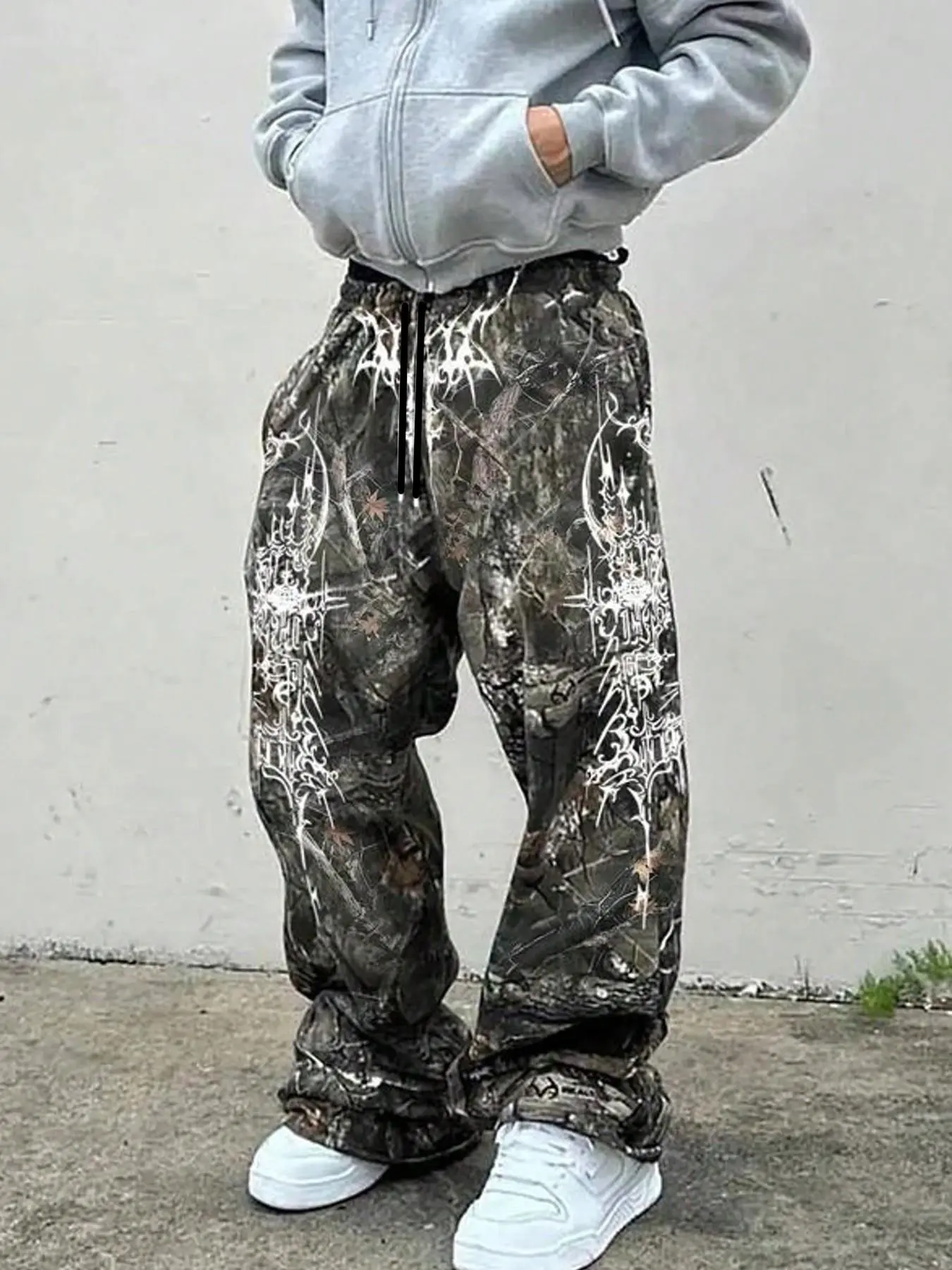 Y2K Dark Techwear Leaf Camo Casual Loose Fitted Adjustable Drawstring Pants with White Metal Print Streetwear Gothic Wide Leg Drawstring Trousers Y2K Camouflage Casual Chic Bottoms Casual Comfy Trouser
