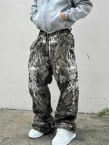 Y2K Dark Techwear Leaf Camo Casual Loose Fitted Adjustable Drawstring Pants with White Metal Print Streetwear Gothic Wide Leg Drawstring Trousers Y2K Camouflage Casual Chic Bottoms Casual Comfy Trouser