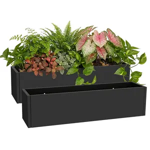 Large Black Metal Railing Planter Boxes, Heavy Duty Rectangular Window Flower Pots with Drainage Holes for Balcony & Deck