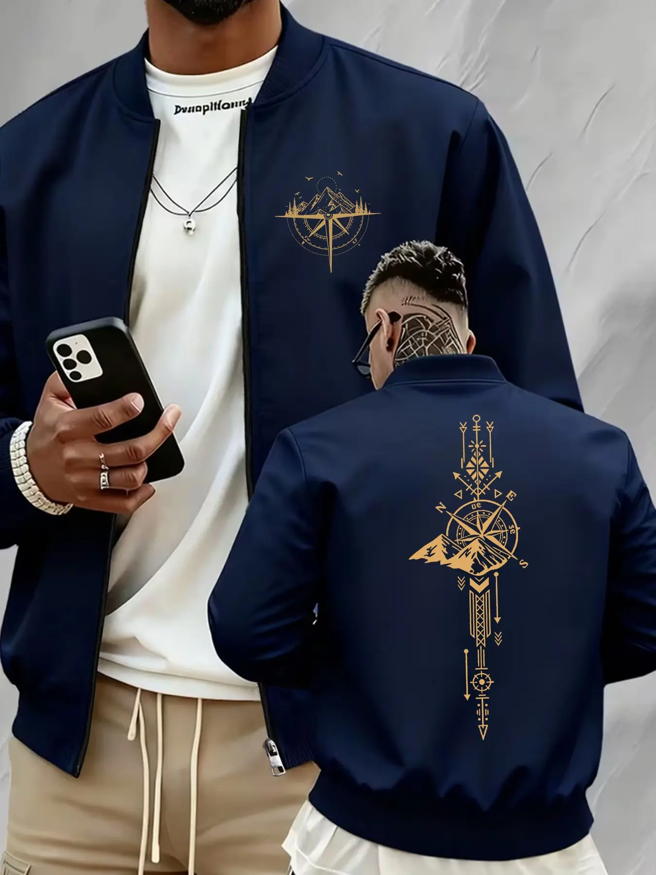 Men's Compass Mountain Graphic Baseball Bomber Jacket, Zip Up Stand Collar Outerwear, Retro Adventure Inspired Streetwear Coat for Daily Outdoor Urban Outfits