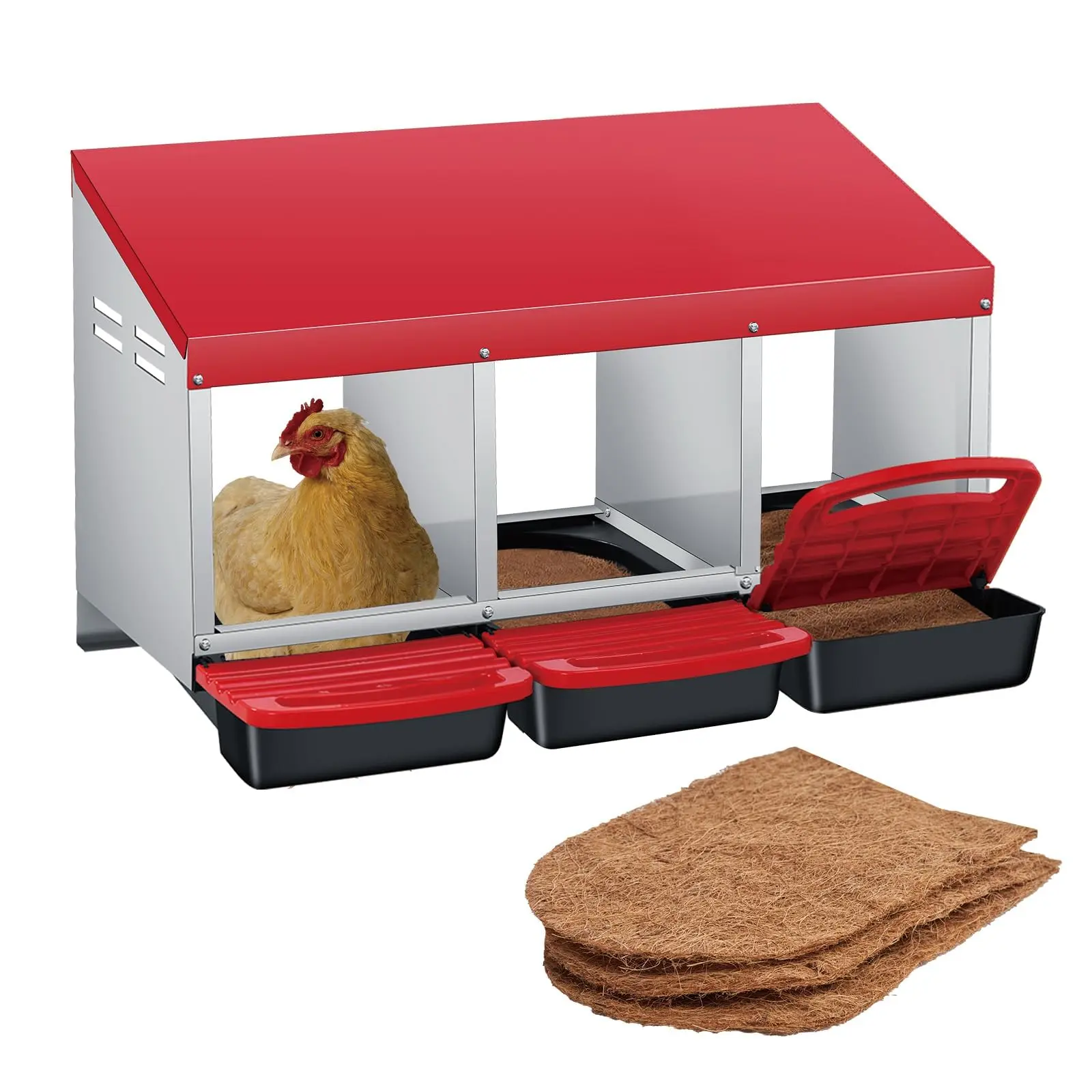 GARVEE Chicken Nesting Box, sturdy metal 3-compartment box with breathable holes and resting platform, rollable chicken nest box for easy cleaning and collection