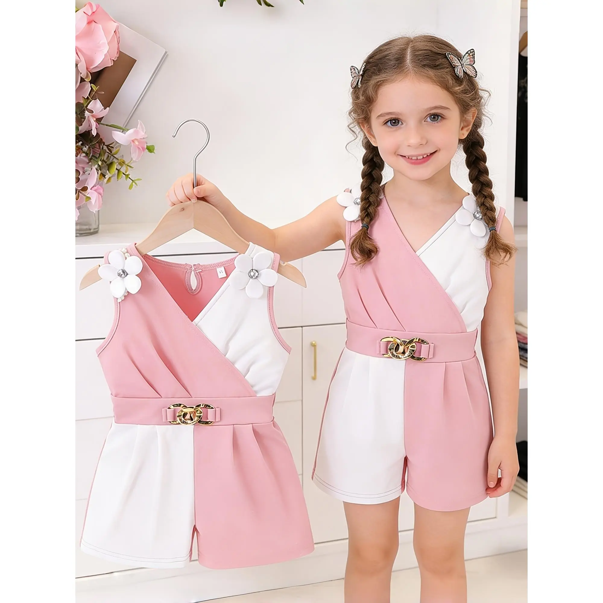 Single Piece Girls' Summer Jumpsuit, Fashionable And Stylish, Sleeveless Shorts Romper, Little Girl with Chain Buckle Elastic Waist Comfortable Soft Knit Romper, Three-Dimensional Flower Decoration Design, for Outdoor