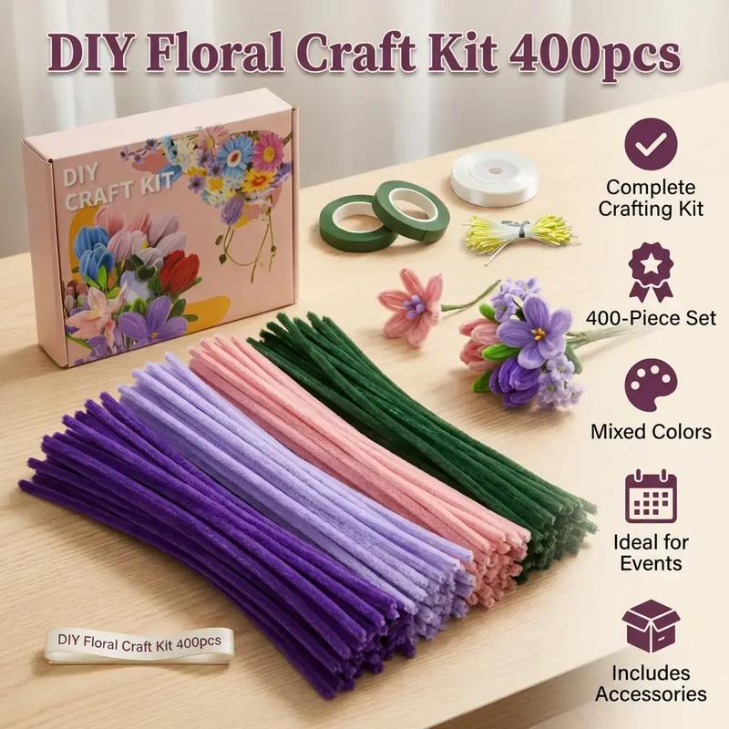 400pcs/set DIY Floral Pipe Cleaner Craft Kit, 4 Mixed-Color Furry Stems for DIY Flower Making, Includes Floral Wire, Tape, Stamens and Ribbon, Ideal for Birthdays, Weddings, Graduations and Other Occasions