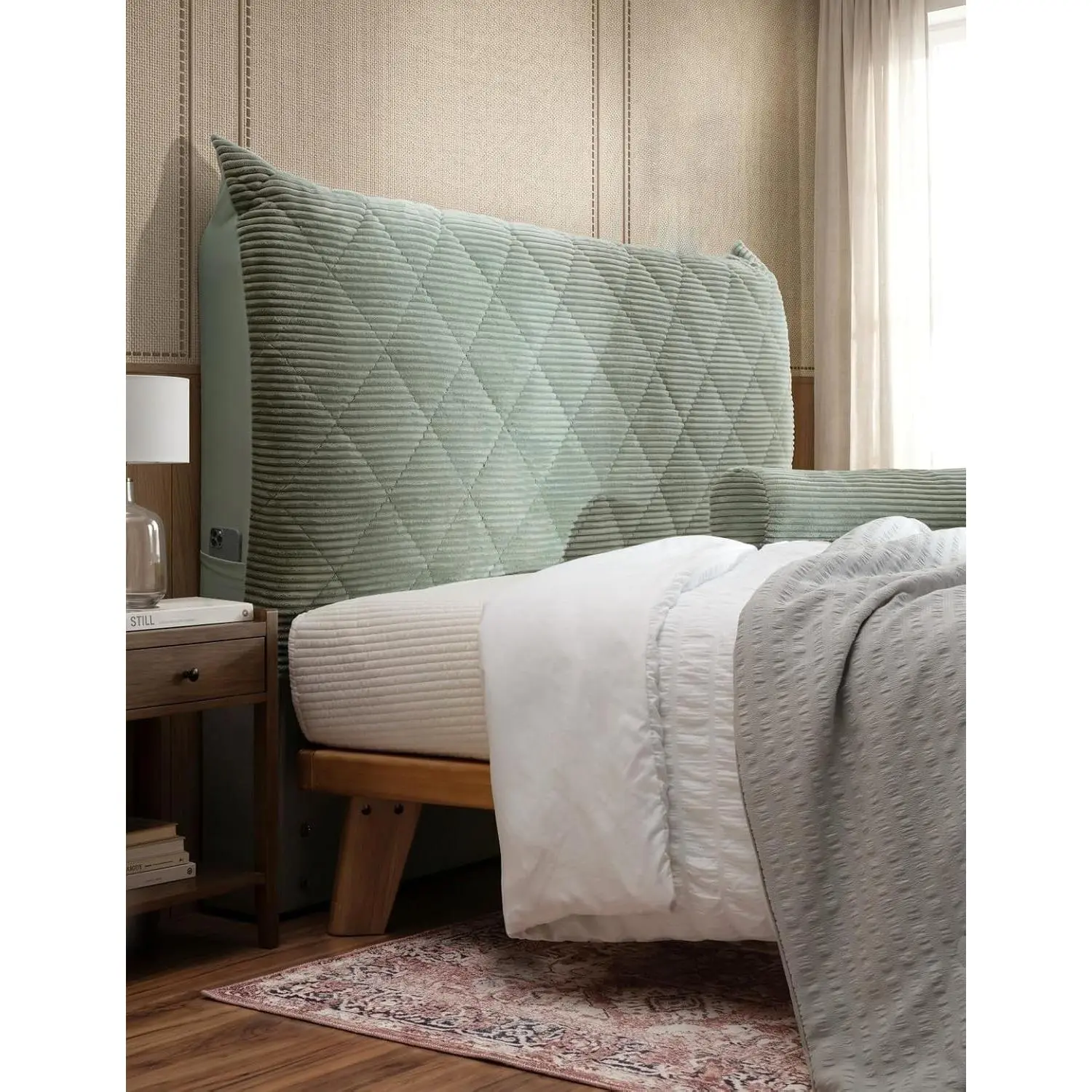 Corduroy Headboard Cover—Stretch-Quilted, Padded Dust-Proof Protective Cover (Fits Full-Size Beds), Machine-Washable Decorative Headboard Cover (Green, 59 x 27.5 inches)