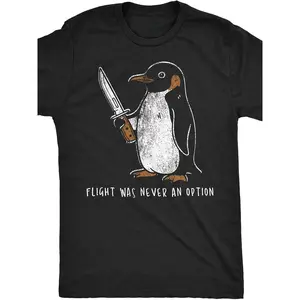 Men's Funny Sarcastic Penguin Pattern T-Shirt Flying is Never an Option Loose Fit Short Sleeves Casual Breathable Soft