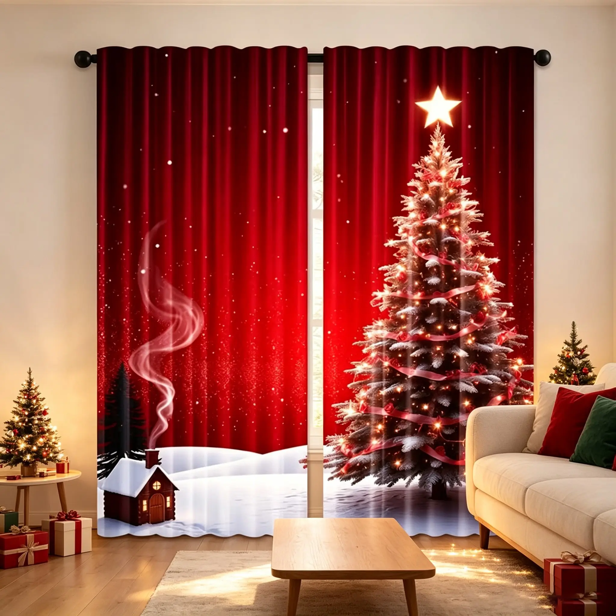 2pcs red background Christmas tree snow print curtains with stars, snow cabins, and drifting snow patterns, semi blackout, suitable for living rooms, bedrooms, homestay windows, Christmas and New Year holiday fabric curtains