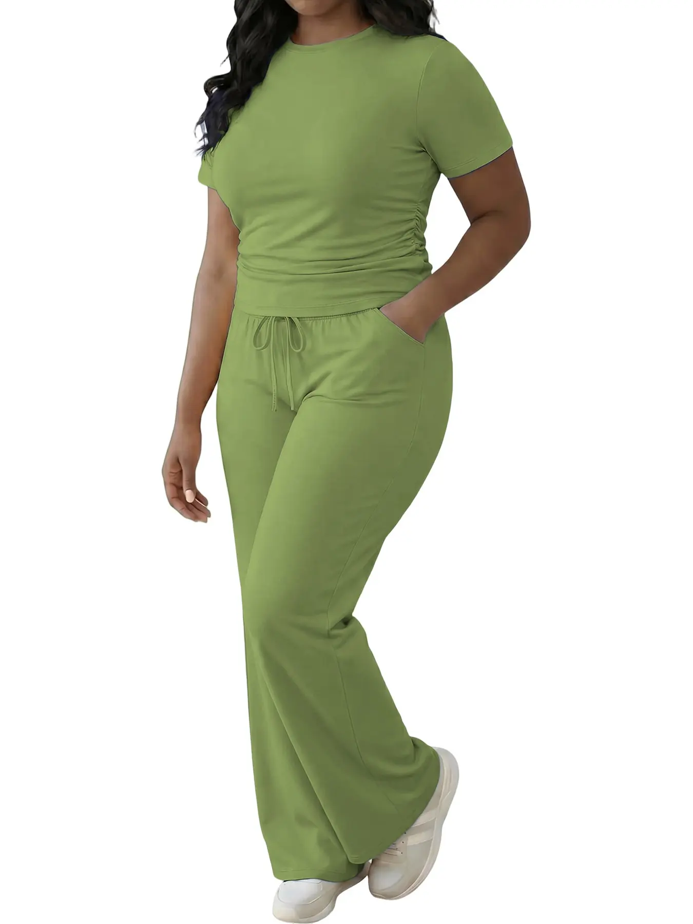 Best-Selling Casual Two-Piece Set, Crew-Neck Short-Sleeve Top, Wide-Leg Trousers, Pants, Slim-Fitting, Breathable, Perfect for Commuting and Lounging