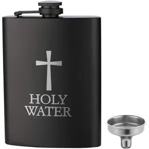 HOLY WATER, JXS 8oz 18/8#304 Stainless Steel Black Hip Flask for Liquor, Leakproof with Funnel Gift Package