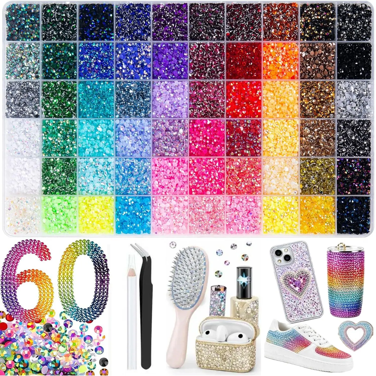 48000Pcs Bedazzling Kit 60-Colors Resin Jelly Rhinestones, Multicolor 3mm Flatback Gems for Diamond Art, Bedazzler Kit with Tools for DIY Nail Art Crafting Book Makeup