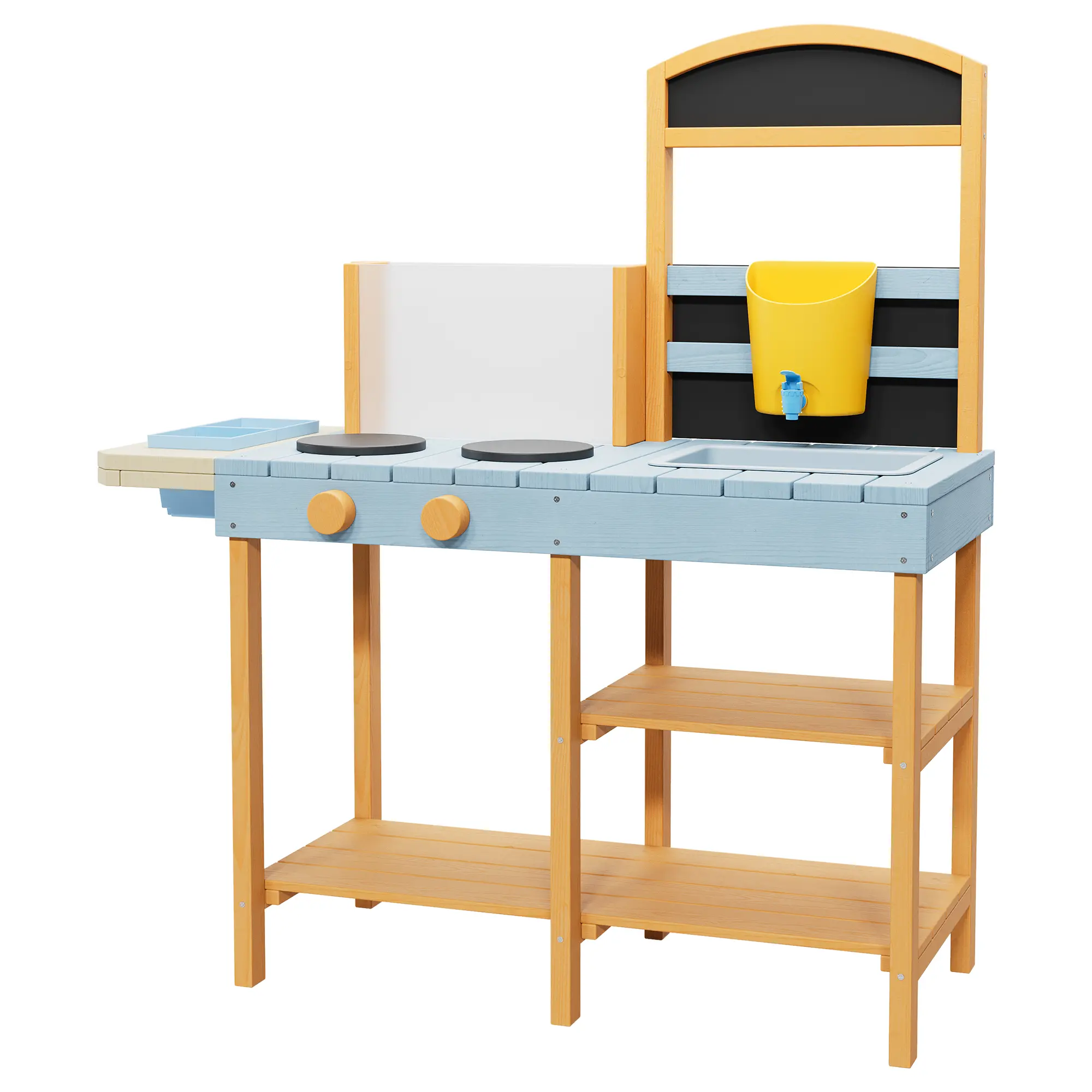 Outdoor Wood Mud Kitchen for Kids, Wooden Play Kitchen w/See-Through Planter Box, Removable Sink & Faucet, Chalkboard, Storage Shelves＆Pretend Stove, Toddler Playset for for Children Ages 3+