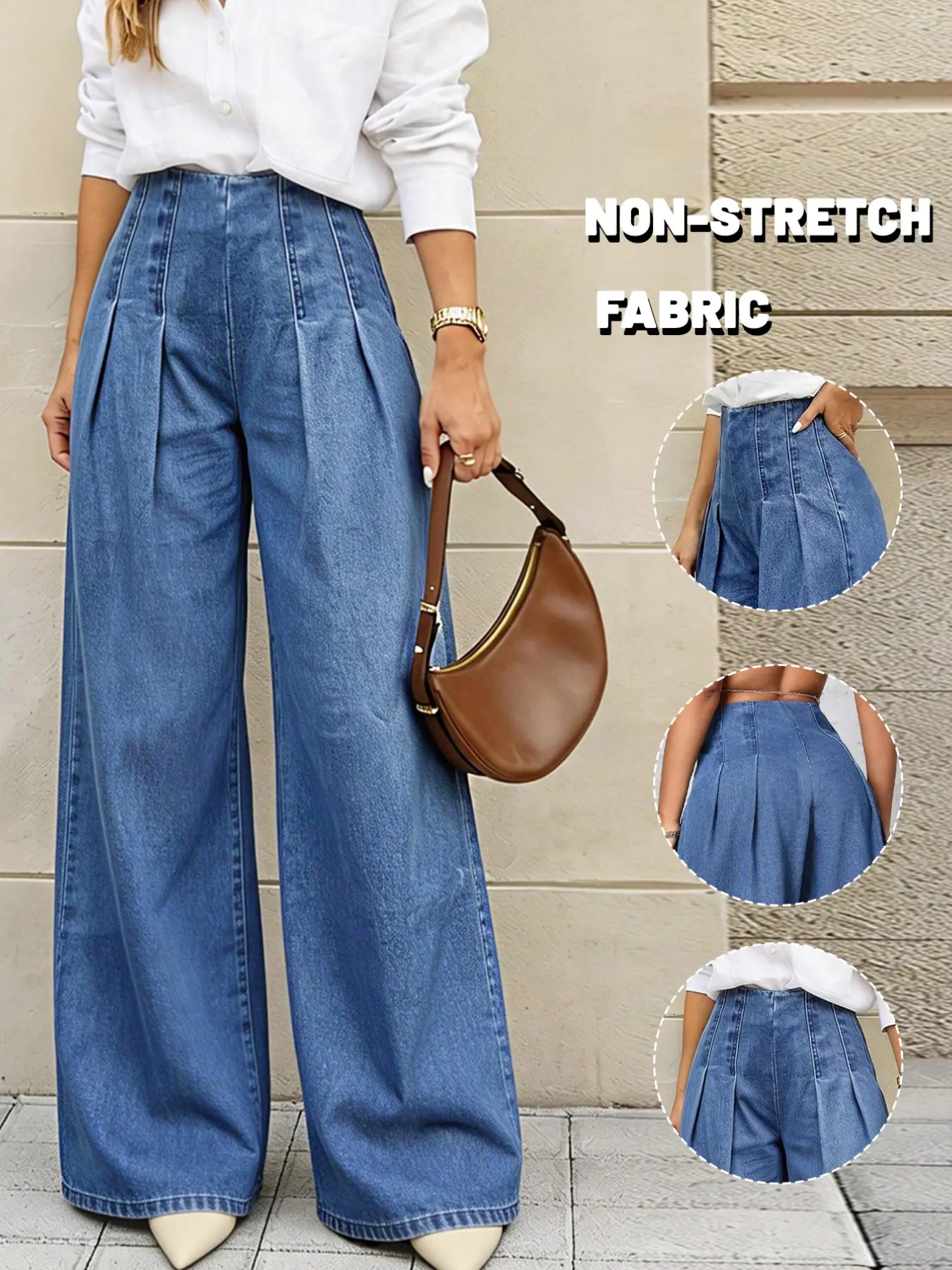Lkuily Women's Light Wash High Waist Front Pleated Wide Leg Floor Length Jeans, Drape Loose Baggy Hip Cover Long Straight Pants, Minimal European Style Denim Trousers Casual Denim Pants For Daily & Office Commute Wear