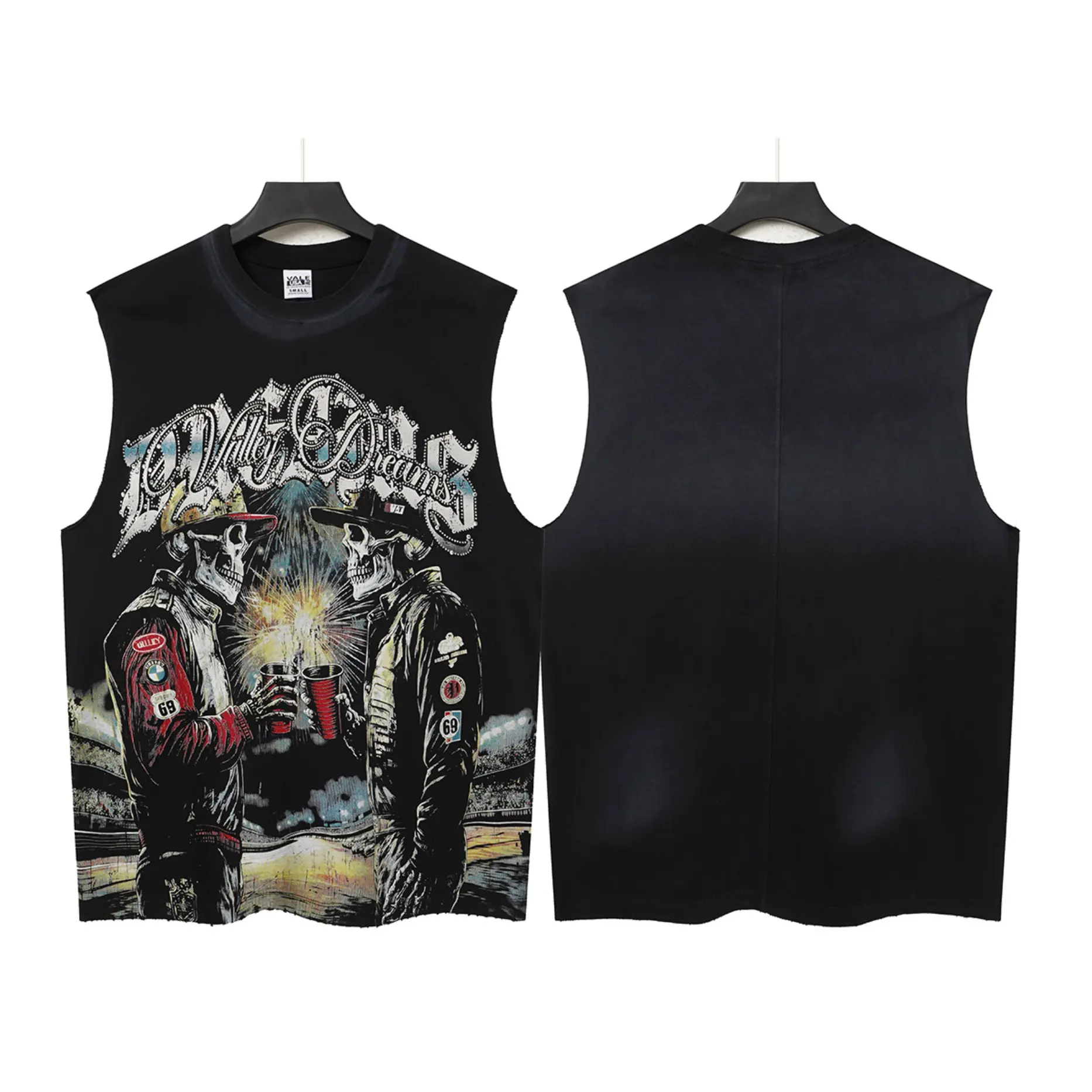 Valley Dreams Skull Racing Driver Rhinestone Graphic Tank Top Men Vintage Washed Raw Cut Sleeveless Oversized Cotton Vest For 4th Of July Summer Hip Hop Streetwear Outfit