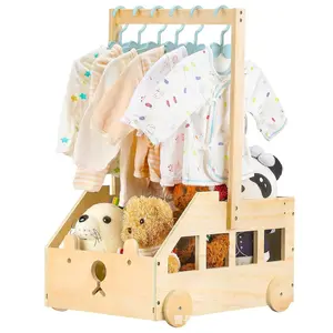 Cute Bear Solid Wood Storage Cart Rack, Hanging Organizer for Baby Garments, Pet Clothes & Toys, Living Room Storage Shelf