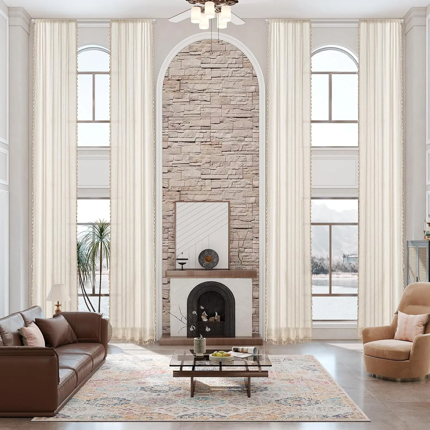 11ft Luxury Linen Sheer Extra Long Curtain,132 Inch  Fabric Rod Pocket Window Drape for 2 Story House,High Ceiling,Living Room,Custom Made 1 Panel.