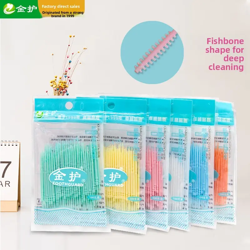 Jinhu Oral Disposable Fish-Bone Shape Double-Ended Plastic Toothpicks, 100-Count Bagged Manufacturer Wholesale Picks for Home/Hotel Unscented Use, Disposable Use