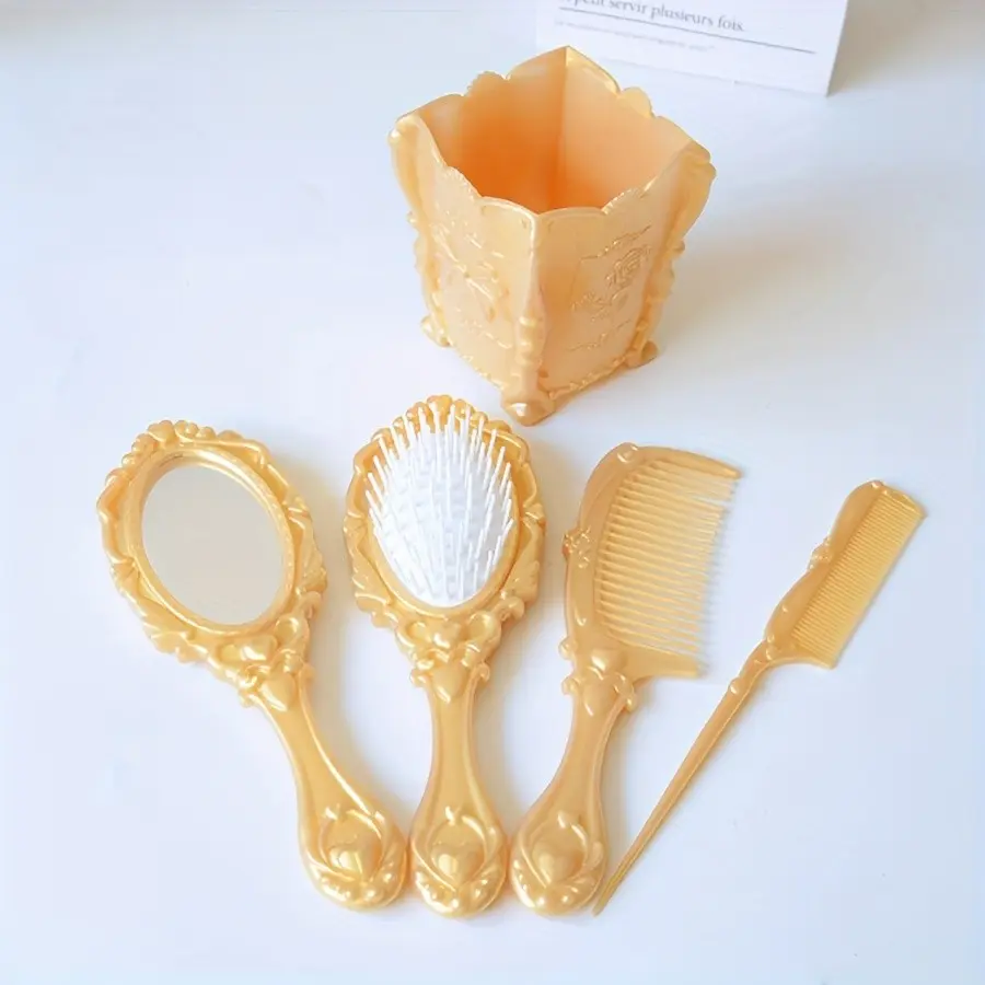 5pcs Vintage Hair Comb Set, Hair Care Comb, Multi-Functional Styling Tools, Includes Mirror, Paddle Brush, Tail Brush, Clipper Brush, Storage Bucket, Portable