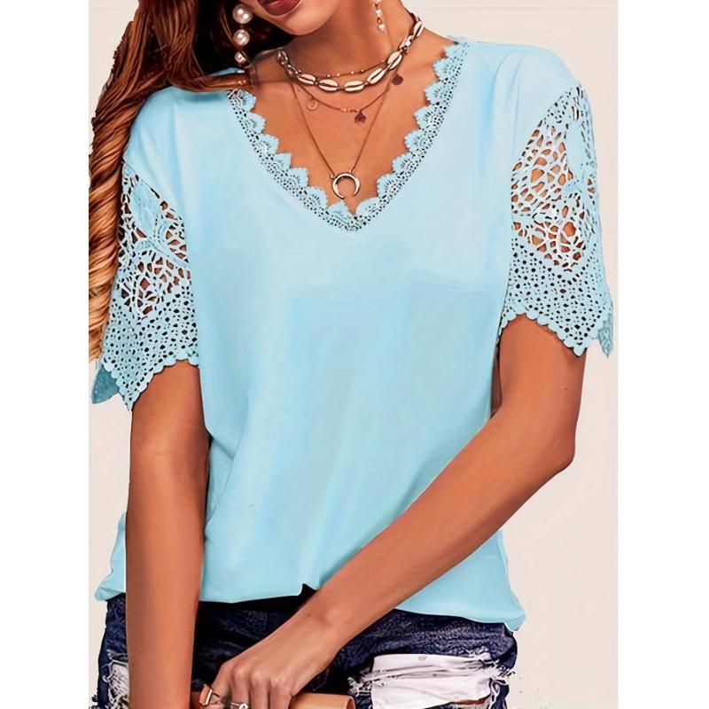 Elegant Plus-Size White V-Neck T-Shirt with Lace Detailing,Short Sleeve,Semi-Sheer Summer Top for Women,Plus Size Blouses Collar Fabric Spandex Casual