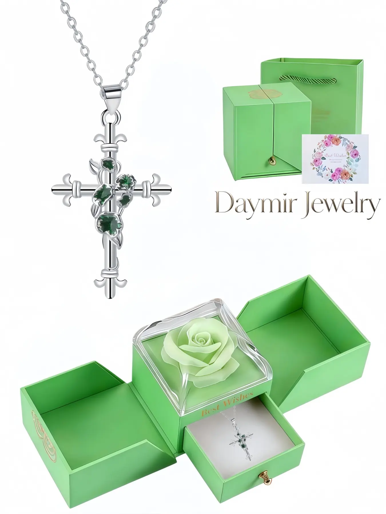 Green Vine Faith Necklace, minimalist premium cross pendant inlaid with emerald stones. Packaged in double-door preserved rose gift box, perfect dating & holiday gifts for Valentine’s Day and Christmas.