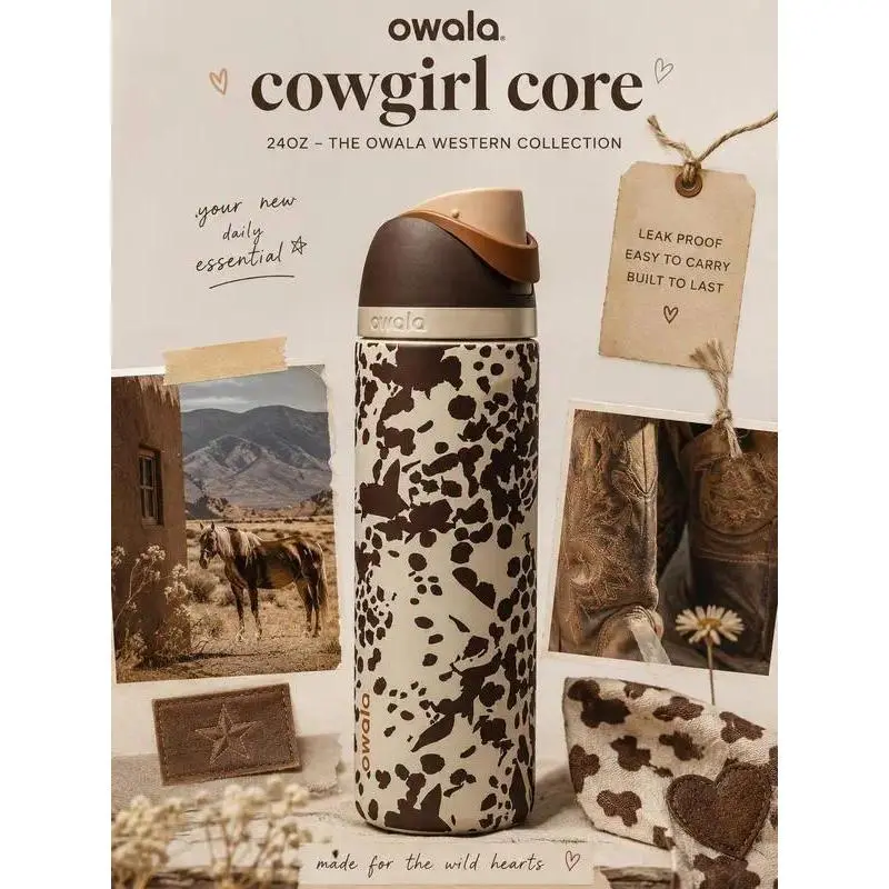 Owala Color Drop 24oz FreeSip Cowgirl Core Cow Print Drinkware Vacuum Flask, Flasks