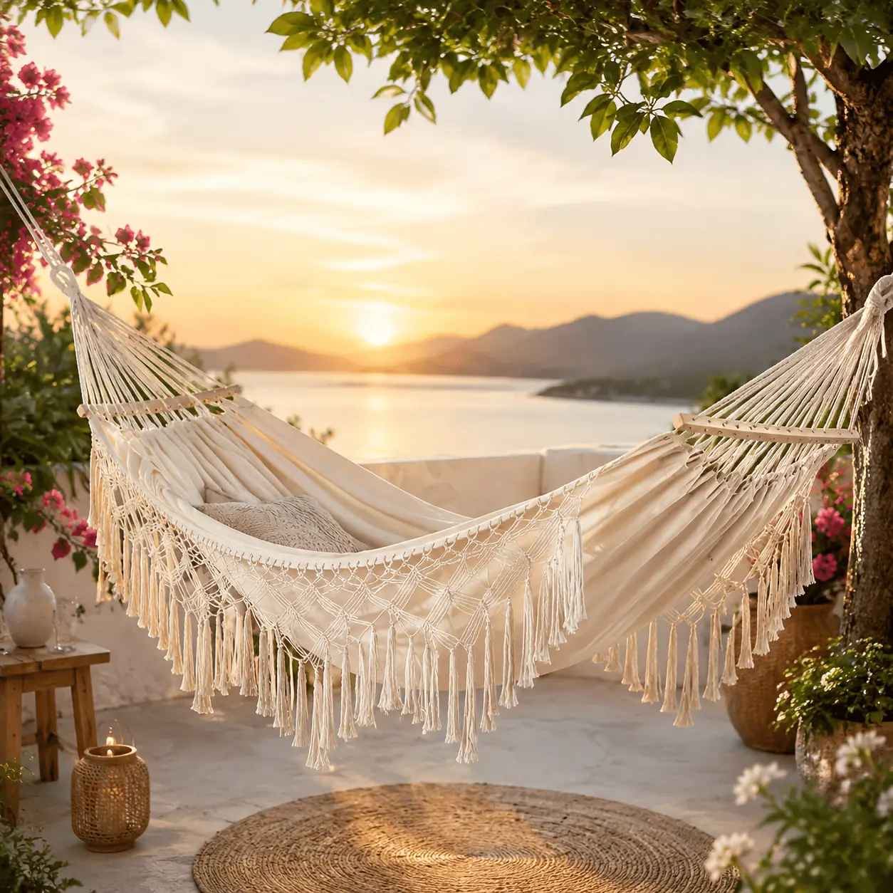 Double widened crossbar tassel hammock with built-in strap storage bag, suitable for outdoor patio, camping, and balcony relaxation