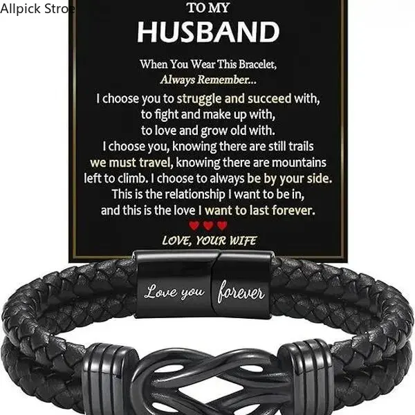 Men's Braided Leather Infinity Knot Bracelet - Engraved "Love You Forever", Braided Bracelets Jewelry for Anniversary, Birthday Gifts