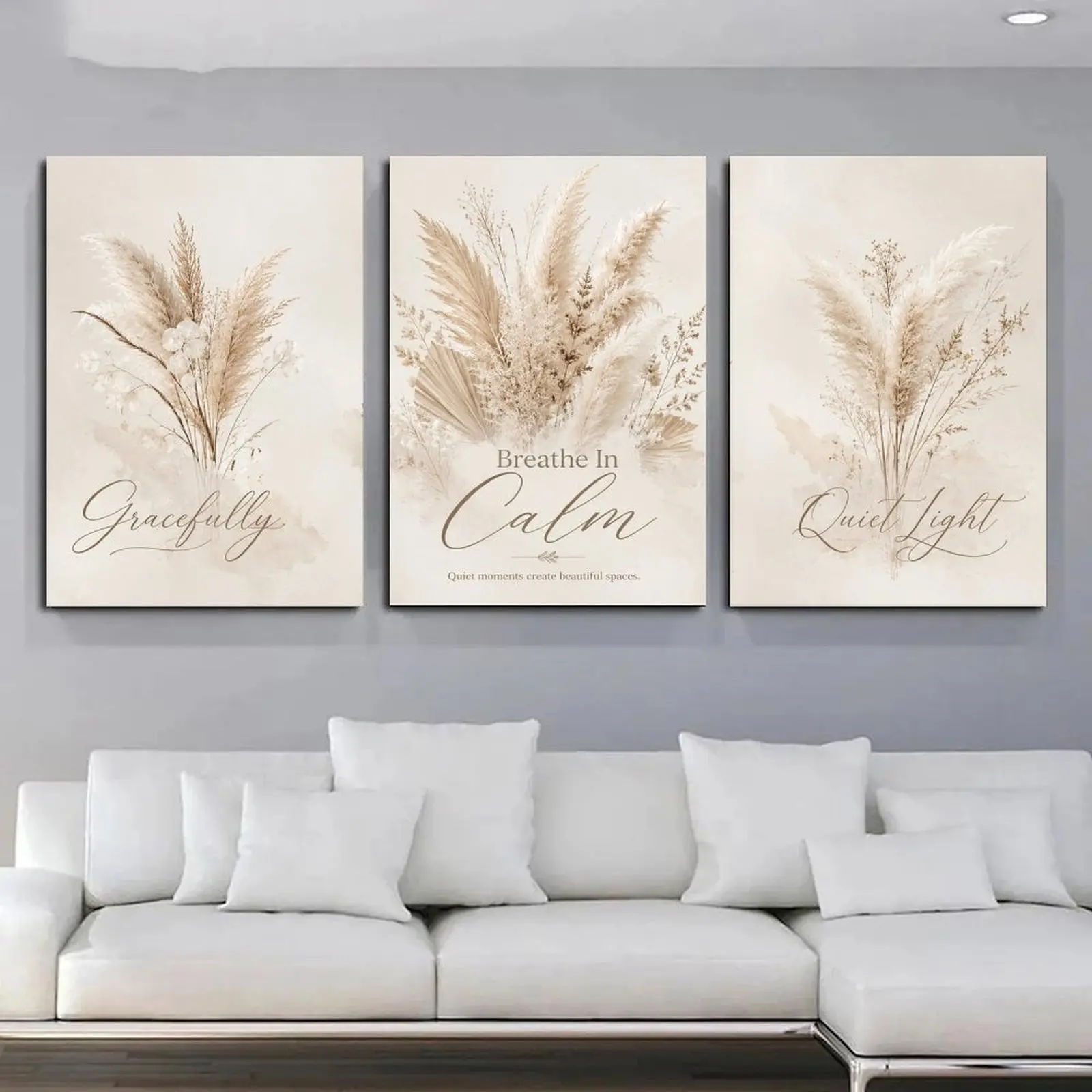 Neutral Boho Pampas Grass Quote Triptych Canvas Wall Art, Minimalist Beige Botanical Print Set for Living Room Bedroom Entryway Office Nursery, Available as Unframed Canvas Poster or Framed Canvas Wrap