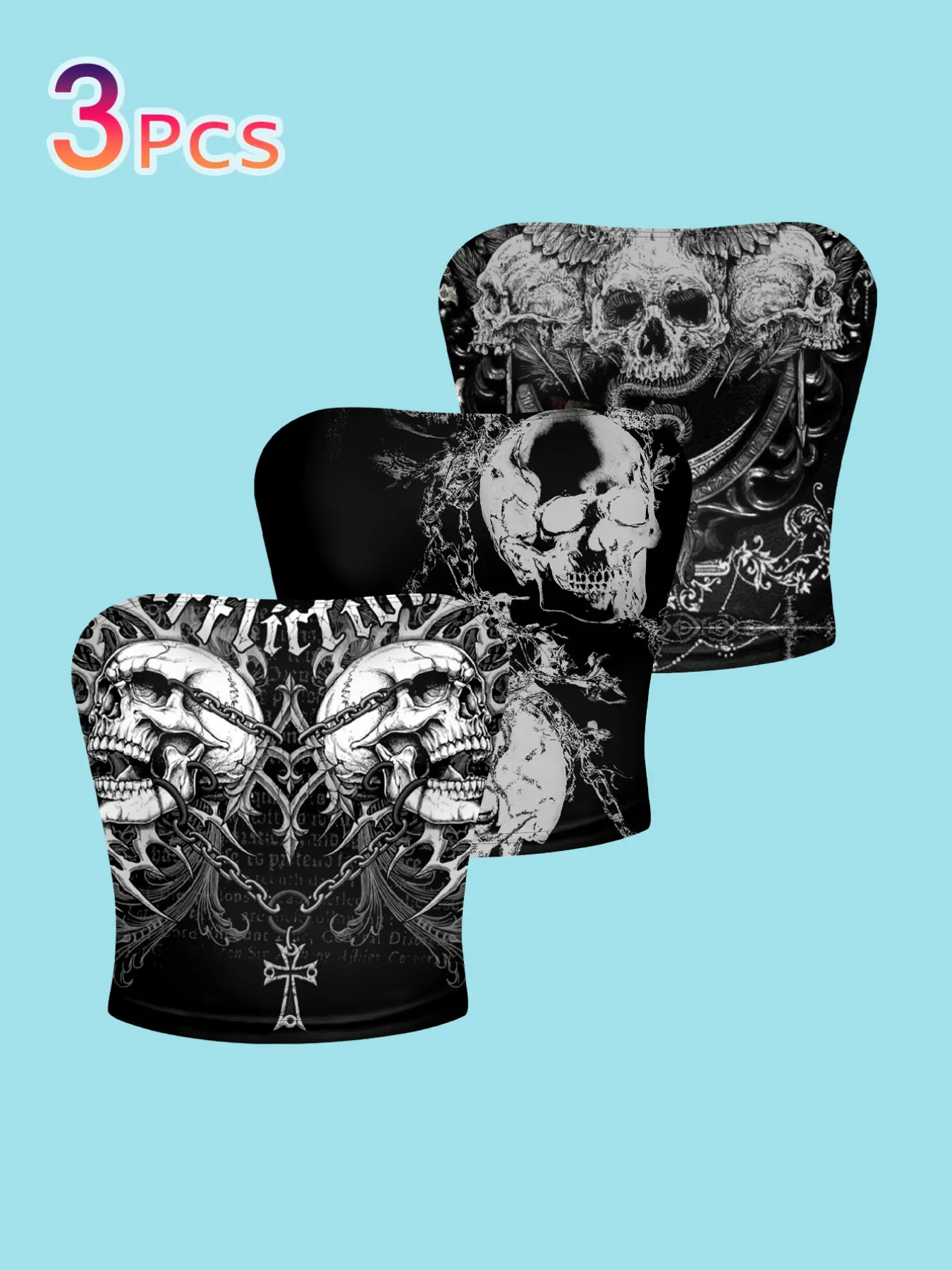 3-Pack Gothic Skull Tube Top, Slim-Fit Motorcycle Style Crop Vest, Casual All-Over Print Underwear, Subculture Fashion Shirt, Cropped Top, Crop Tops