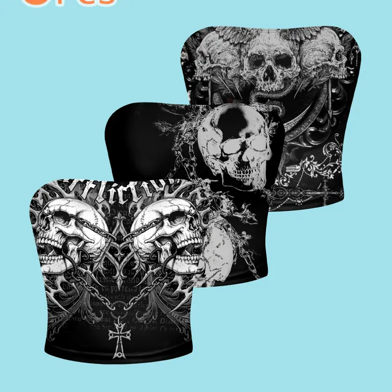 3-Pack Gothic Skull Tube Top, Slim-Fit Motorcycle Style Crop Vest, Casual All-Over Print Underwear, Subculture Fashion Shirt, Cropped Top, Crop Tops