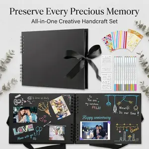 All In One Black Page Scrapbook Kit Ribbon Bound Memory Photo Album Comes With Marker Stickers Templates Complete DIY Craft Gift Set For Couples Anniversary Travel Memories