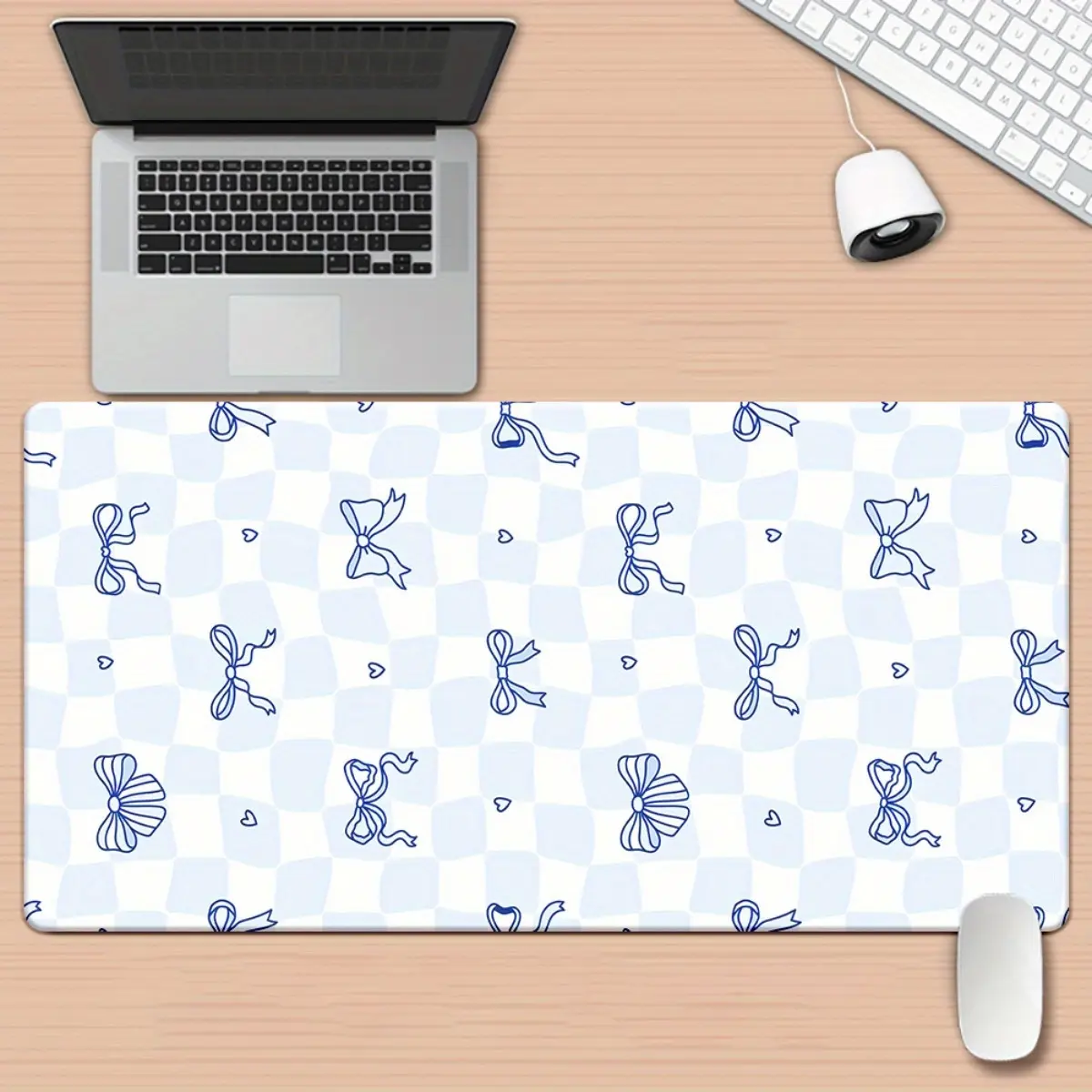 1PC1 piece light blue and white bow pattern high-definition printed rubber desk mat - multi-functional mouse pad, suitable for office, gaming, and home use - perfect gift for family and friends, office desk mat |   Fun Design |   Durable desk mat, mouse p