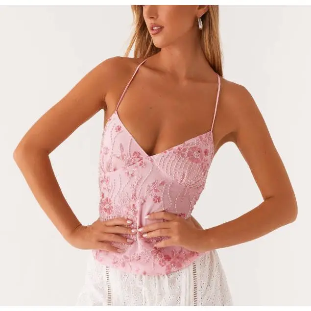 Women's V Neck Top Pink Embroidered Sparkling Sequins Spaghetti Straps Summer Casual Party Blouse