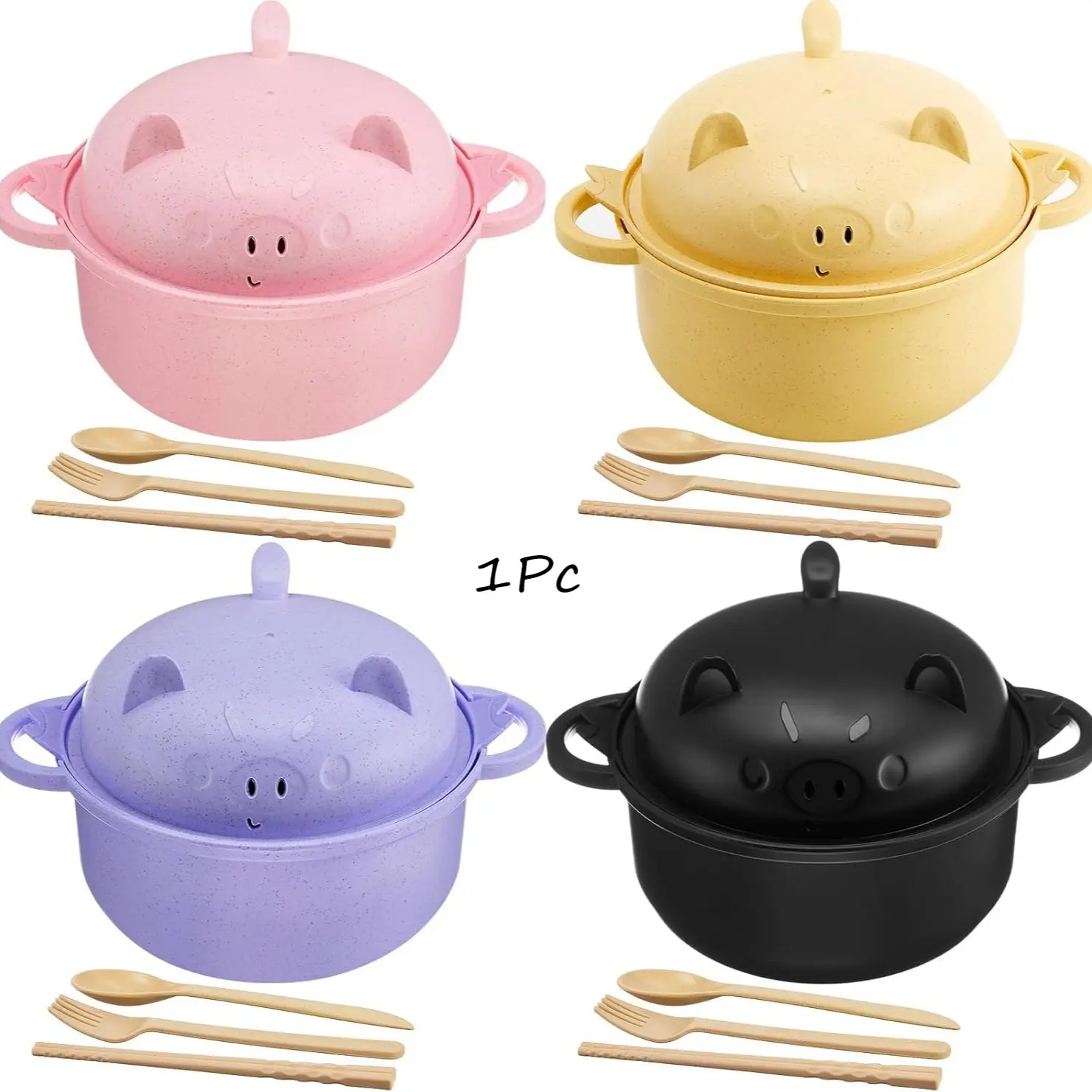 Large 45oz Cute Ramen Bowl Set Microwavable Pig Ramen Noodle Cooker Wheat Straw Bowl with Strainer Lid Handle Spoon Chopsticks Fork Gift for Home Dorm College Microwave Safe Bowls