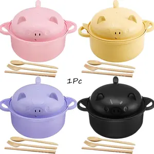 Large 45oz Cute Ramen Bowl Set Microwavable Pig Ramen Noodle Cooker Wheat Straw Bowl with Strainer Lid Handle Spoon Chopsticks Fork Gift for Home Dorm College
