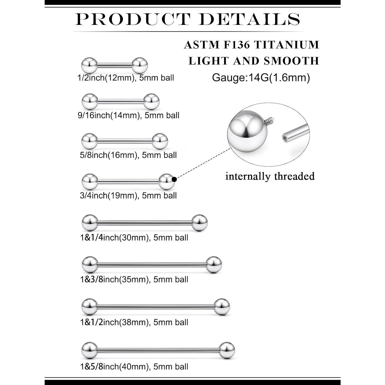 2G 4G 6G 8G 10G 12G 14G 16G 136 Titanium Internally Threaded Nipple Tongue Rings Piercing Jewelry Industrial Straight Barbell Tongue Nipple Ring Bridge Piercing Jewelry For Women Men