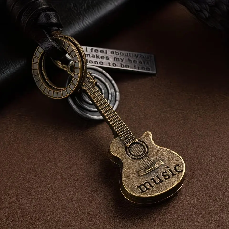Vintage Guitar Keychain, Creative Leather Key Ring, Handwoven Cowhide Key Fob, Men's Backpack Charm, Unique Accessory
