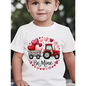 3Y-13Y 1pc Valentine Kids' Tractor Heart Print White TShirt, Crew Neck, Casual Cotton Tee, Medium Stretch Knit Fabric, Regular Fit for Boys& Girls Children, Be Mine Alphabet Pattern, for Valentine' S Day, Christmas, Easter