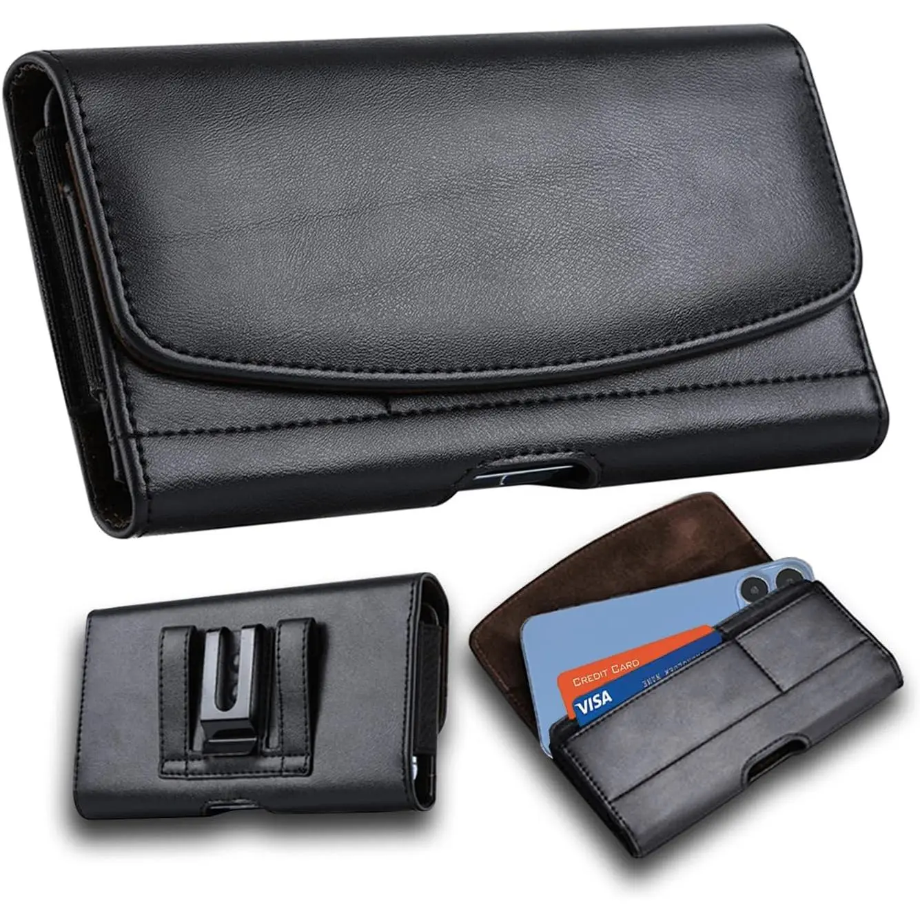 Holster for  17 16 15 Pro Max, 15 Plus,14 Pro Max, 14 Plus  Leather Belt Clip Case with Belt Loop Cell Phone Belt Holder Pouch Cover for Man,  Closure-Black