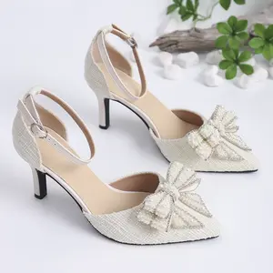 Women's Beige Tweed Footwear - Pointed Toe Kitten Heel Pumps with Pearl-Rhinestone Bow Slingback, Comfortable Shoe for Bridal, Party Wear