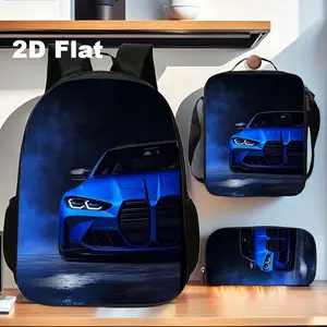 3pcs Blue Sports Car Backpack Set - Cool Racing Car Printed School Bag with Lunch Box & Pencil Case, Stylish Vehicle Design Backpack for Teens, Lightweight Durable Travel School Supplies