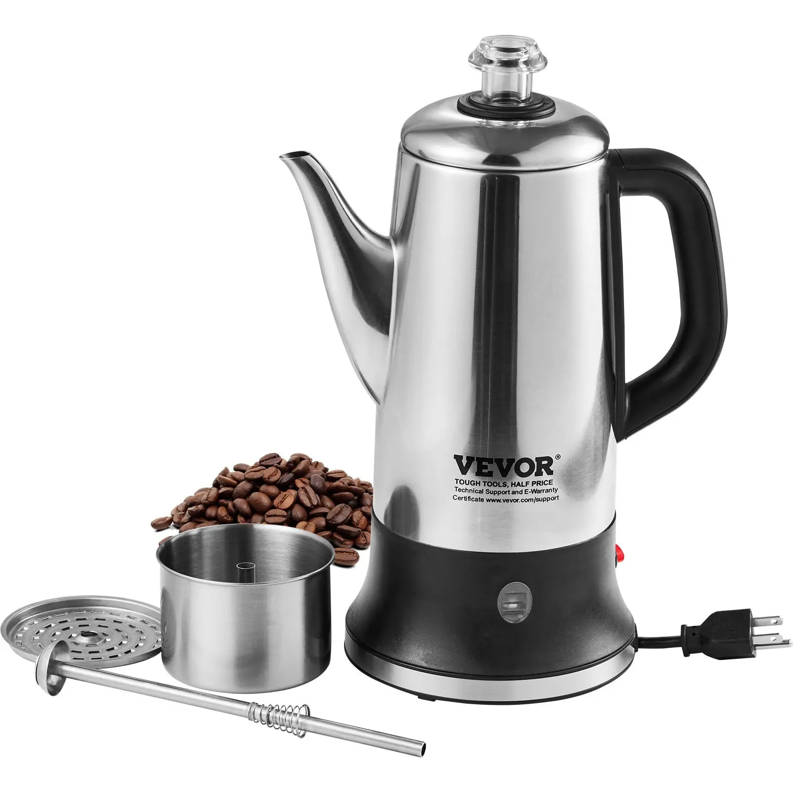 VEVOR 12-Cup Electric Percolator Coffee Pot, 304 Stainless Steel Model with Keep-Warm Function, Heat-Resistant Handle, Classic Maker, Quick Brews, Easy-Pour Spout, Silver