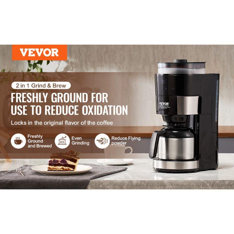 fathersdaygift VEVOR Coffee Maker with Grinder, 8 Cup Programmable Coffee Machine, Grind and Brew Coffee Maker with 24-Hour Timer for Auto Brew, Reusable Filter, for Home Office Restaurant