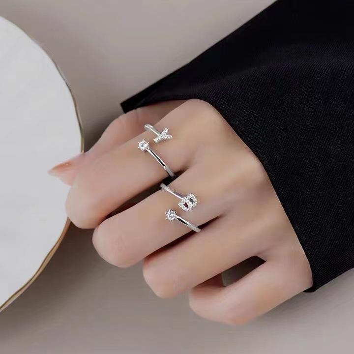 Silver Initial Rings for Women Non Tarnish Dainty Stackable Rings for Women Trendy Adjustable Capital Letter Cubic Zirconia Thumb Pinky Ring Unique Cute Open Birthday Gift Jewelry
