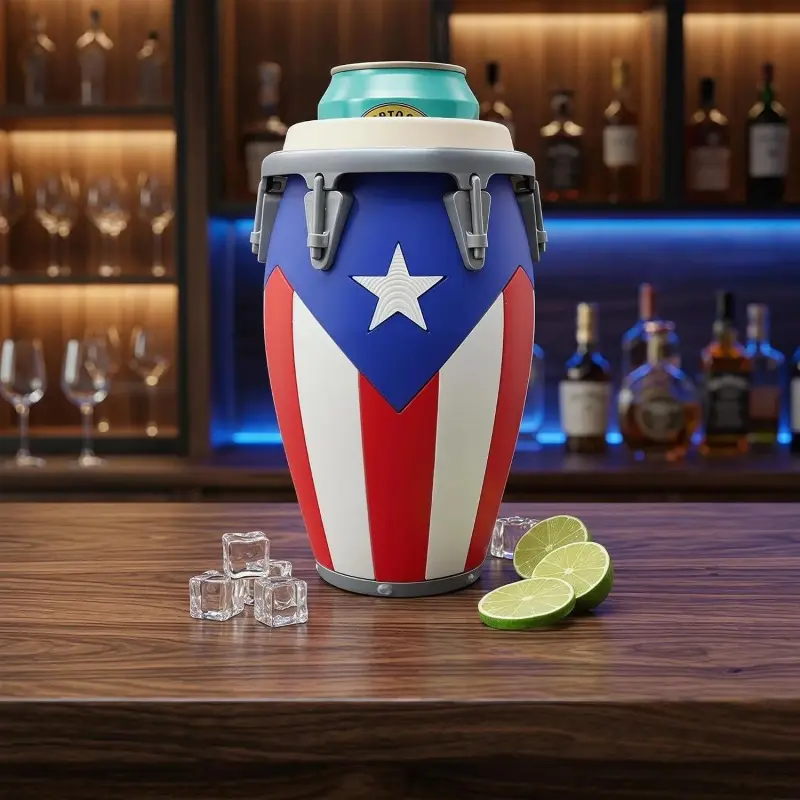 Conga drum-shaped piggy bank and can holder, featuring the Puerto Rico flag, fits 12-ounce cans: 3D printed Puerto Rico-themed souvenir, perfect for beach parties or Caribbean-style home bar decor.