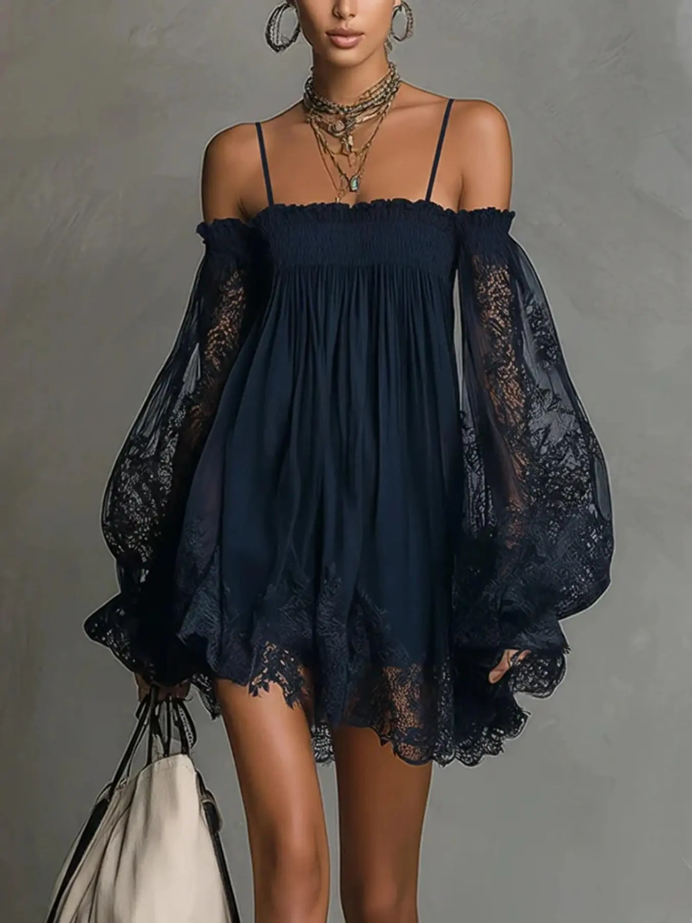 2026 New Women's Sheer Long Sleeve Halter Dress, Solid Color Elastic One-Shoulder Lace Dress, Elegant Vintage Style for Parties and Casual Outing