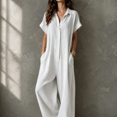 Women's Summer Casual Lazy Style Chic Romper, Collared Short Sleeve Loose Fit Straight Leg Wide Leg Pants, Comfortable and Stylish