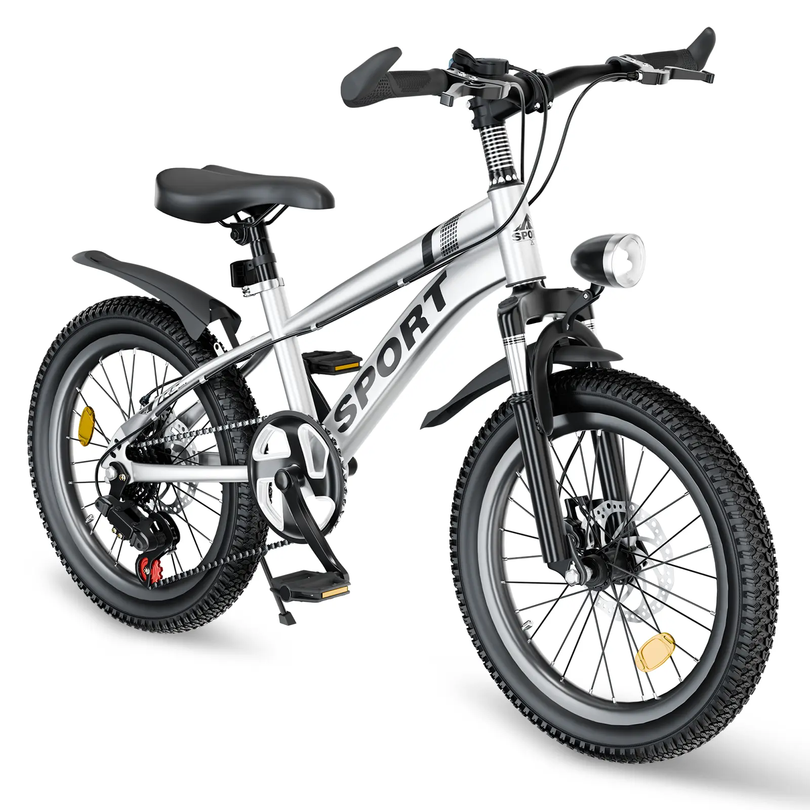 ARCH 24 Inch Kids Mountain Bike for Boys and Girls Ages 7-12, 7-Speed Gear System, Dual Disc Brakes, Shock Absorber Front Fork, LED Light, Silver Steel Frame, Youth Bicycle for Trail Riding and Outdoor Adventure, Silver Color Options