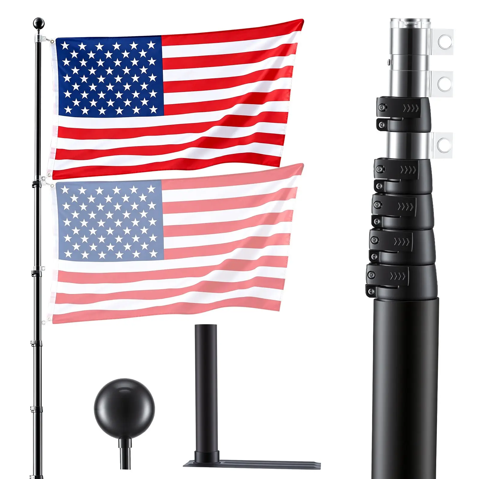 VEVOR 20 ft Heavy Duty Telescopic Flagpole, Extra Thick Outdoor Aluminum Pole with Mounting Base, 3x5 American Flag, Durable Complete Kit for Easy Everyday Use & Easy to Carry on Vehicles