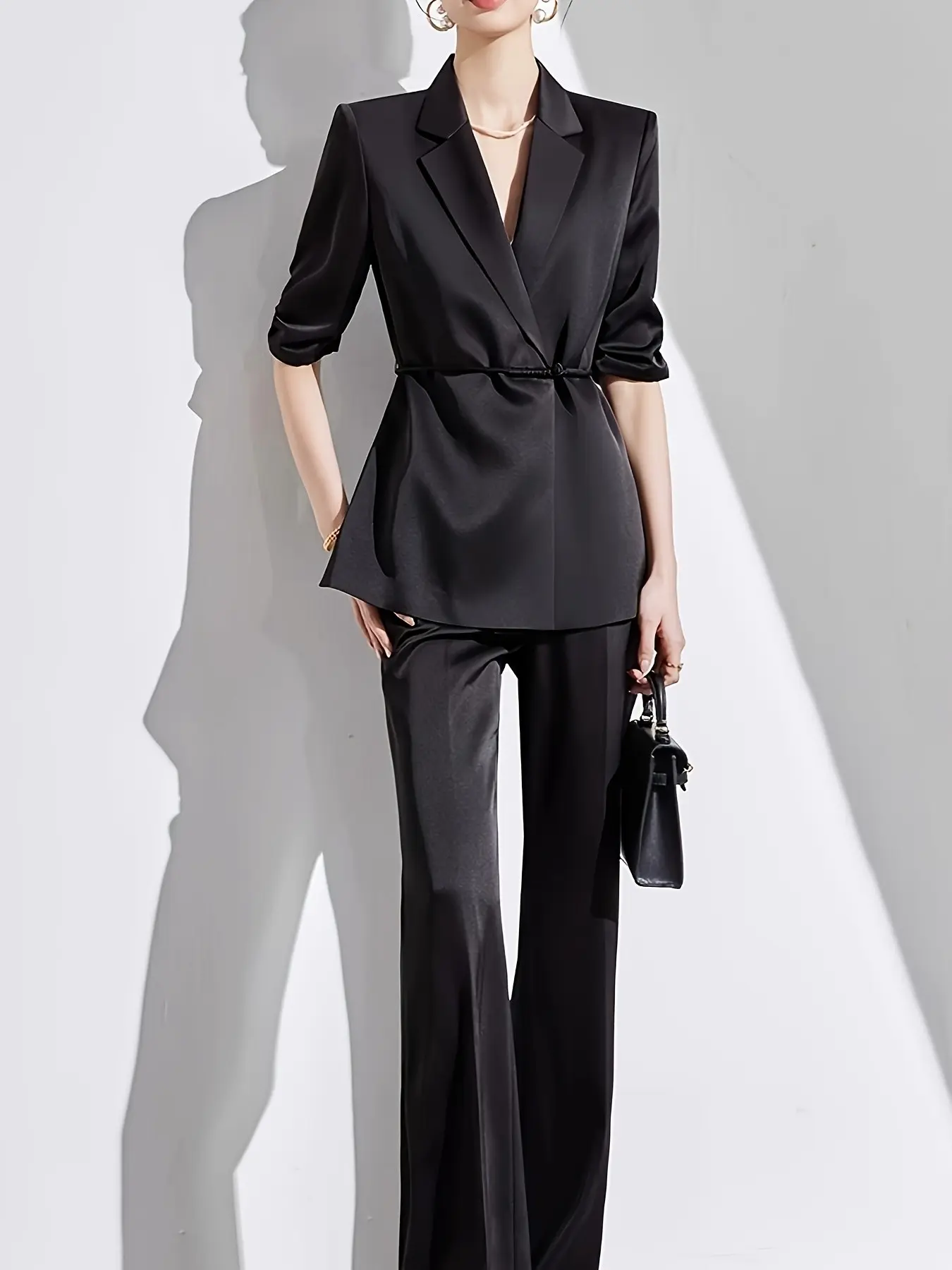 Women's 2-Piece Casual Suit Set, Slim-Fitting Striped Blazer and Pants, Spring & Fall Office Wear, Trendy Business