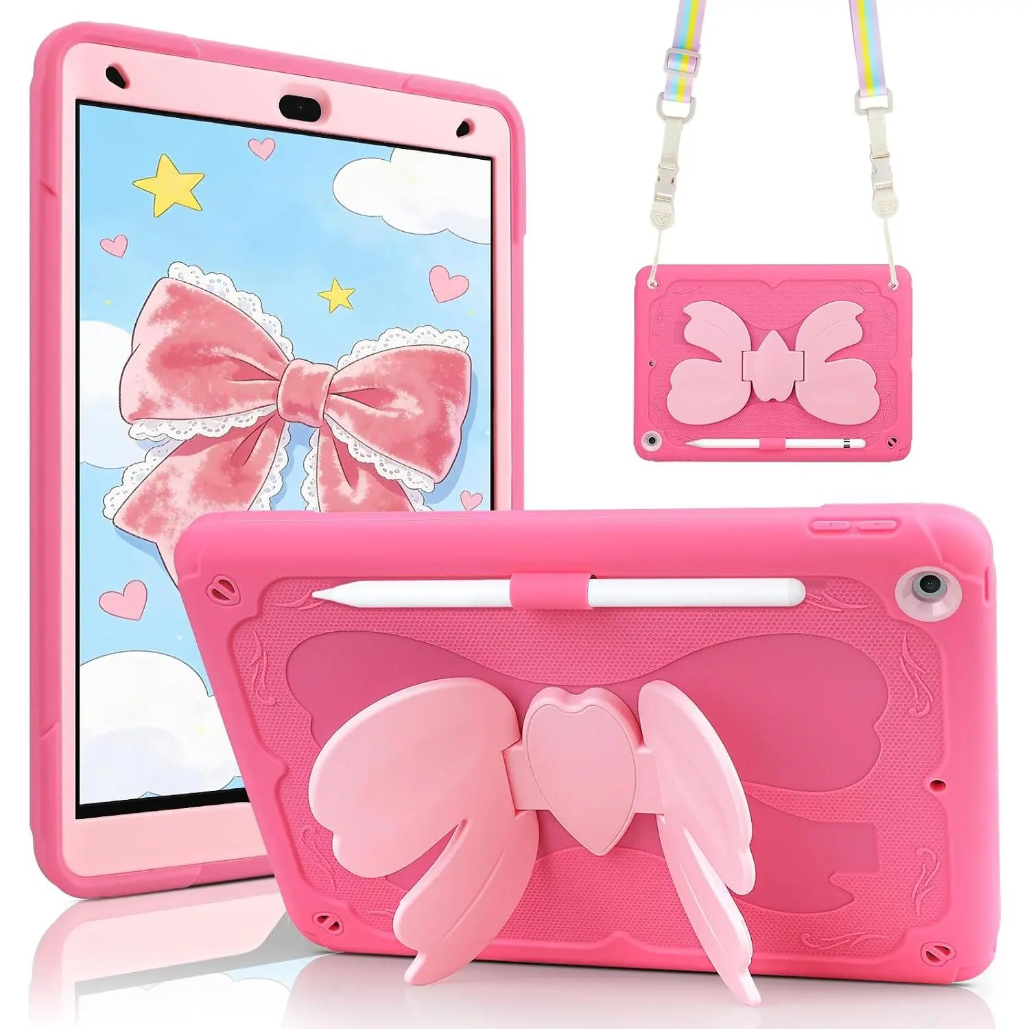 for iPad 9th Generation Case 8th 7th Gen 10.2 inch Case 2021 Girls  with Cute Bow Butterfly  Kickstand  Strap Pencil Holder Rugged Cases Cover for iPad 10.2 Cases, Rose